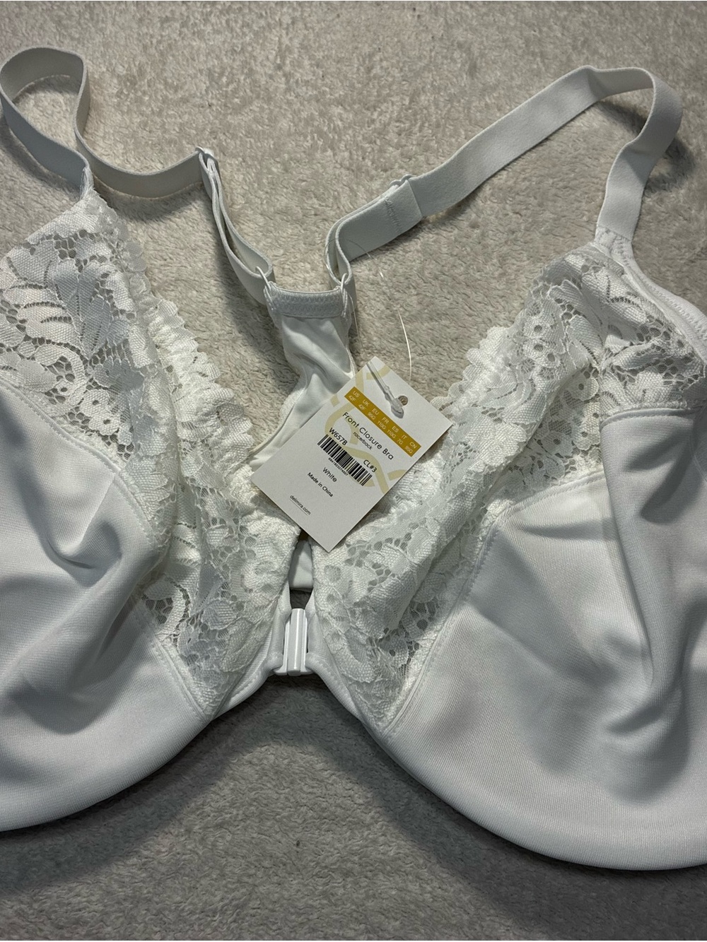 Lace-Trim White Underwire Bra with Front Closure